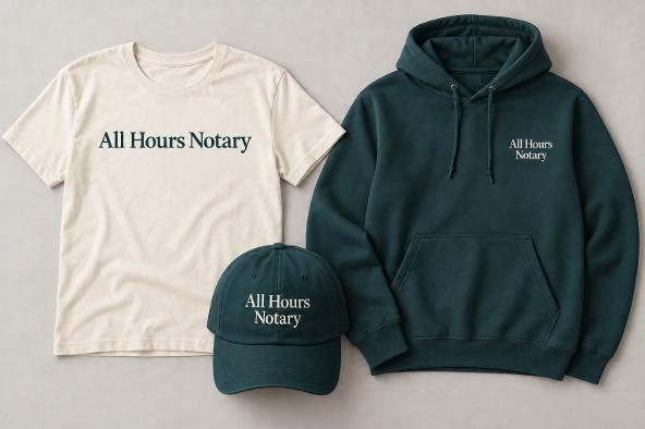 All Hours Notary branded shirt, cap and hoodie
