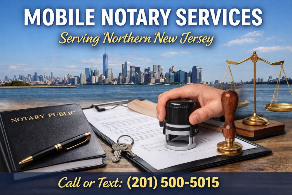 Mobile notary services in Northern New Jersey. Call or text (201) 500-5015.